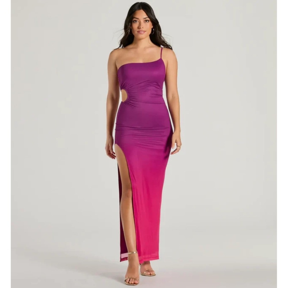 Windsor Purple Ombre One Shoulder Cutout Maxi Dress High Slit Formal Prom Small
